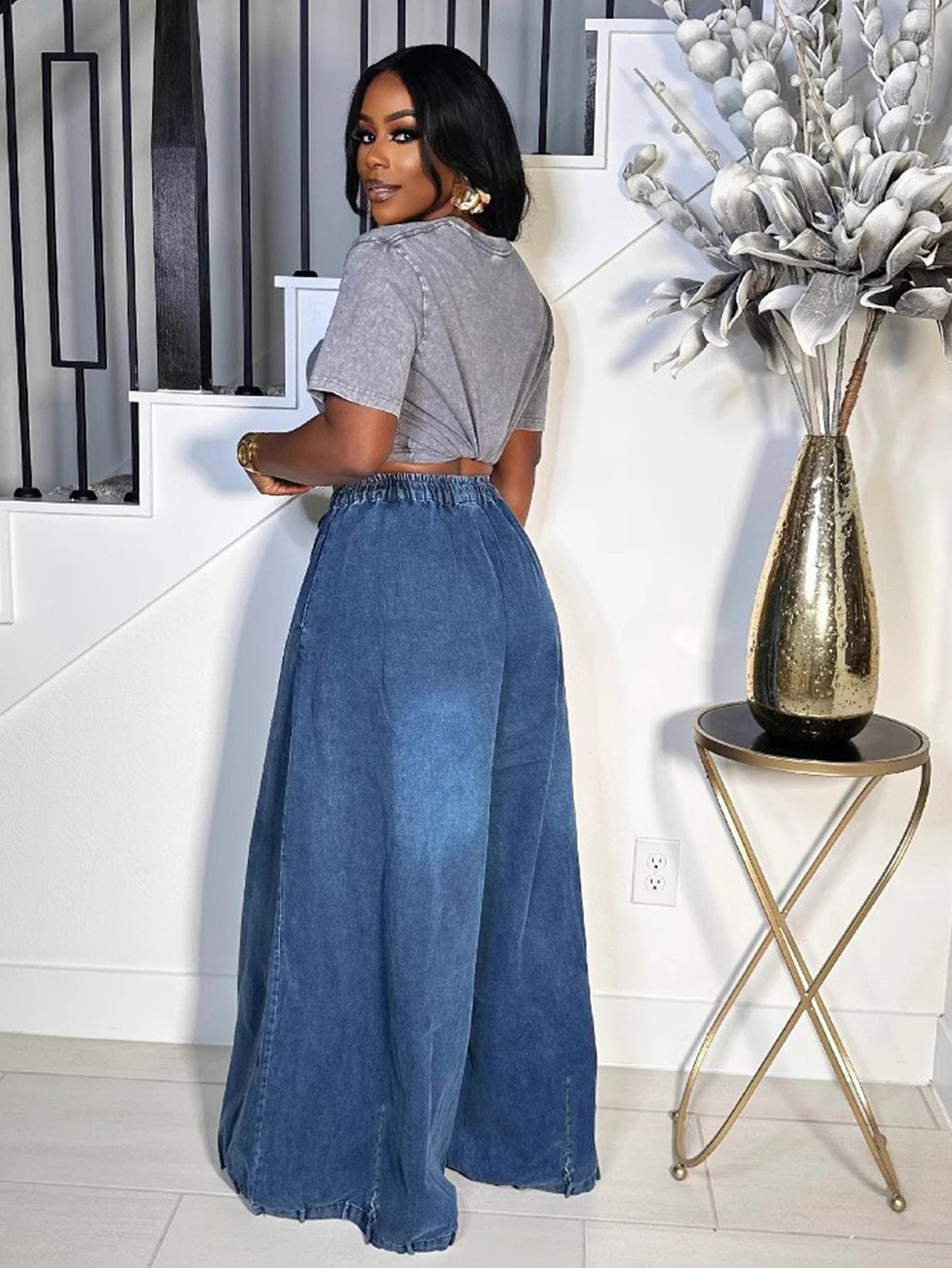 Chic Retro Drawstring Waist Wide Leg Pants