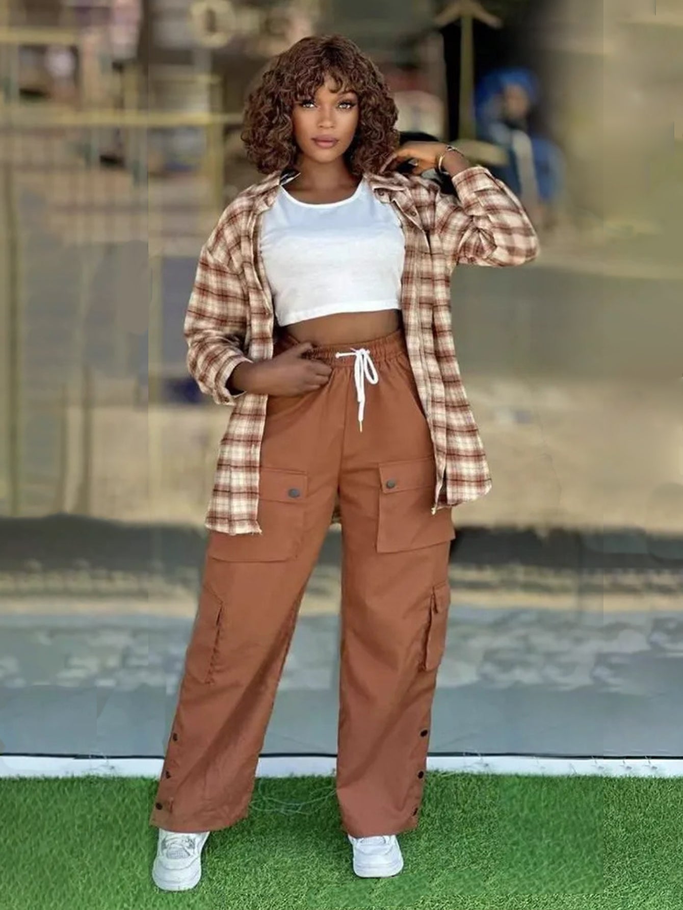 Stylish Plaid Top & Cargo Pants Three Piece Set