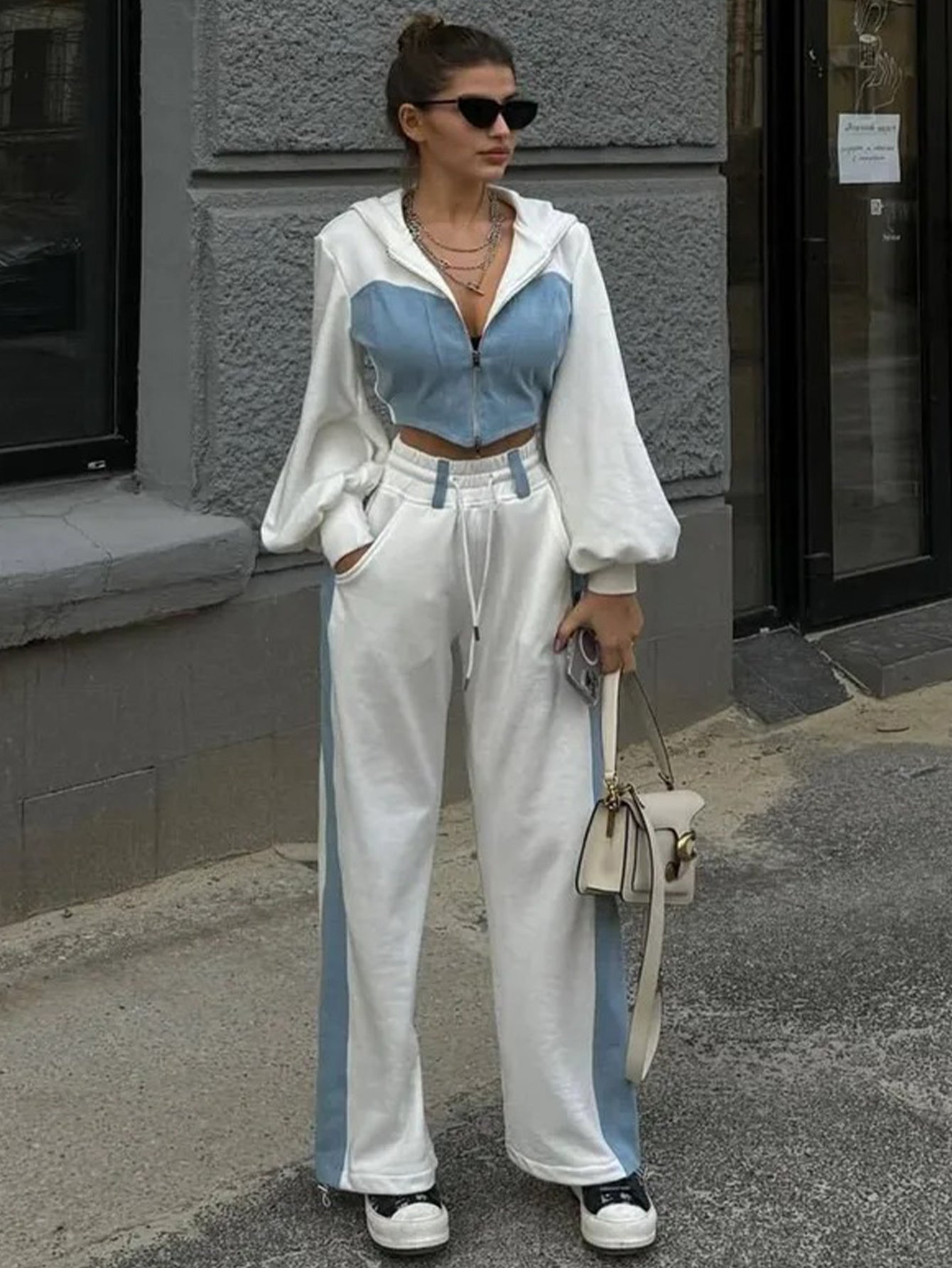 Chic Contrast Denim Top & Pants Set