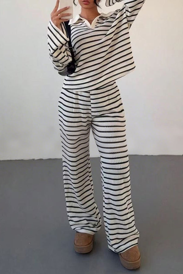 Fashion Striped V Collared Top & Pants Set