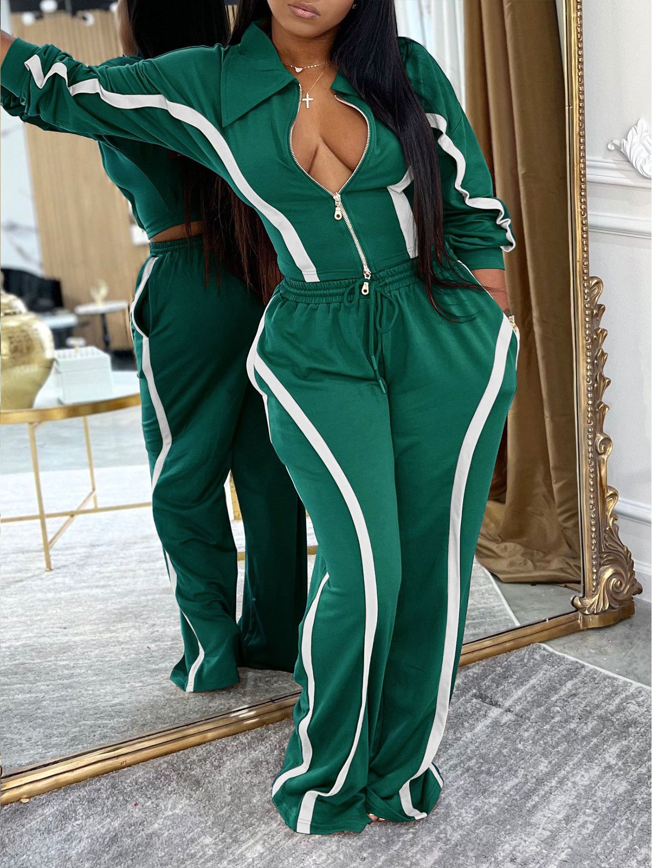 Chic Two Tone Zip Up Top & Pants Set