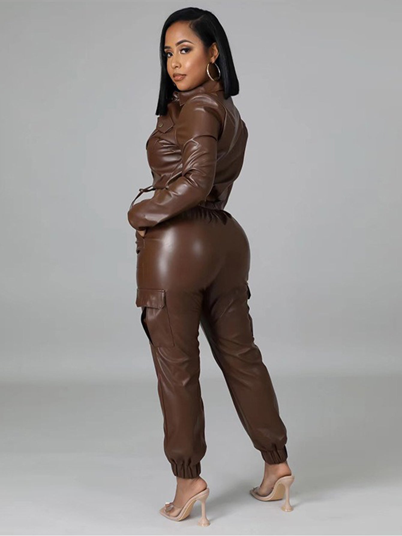 Fashion PU Drawstring Waist Top & Pants Set