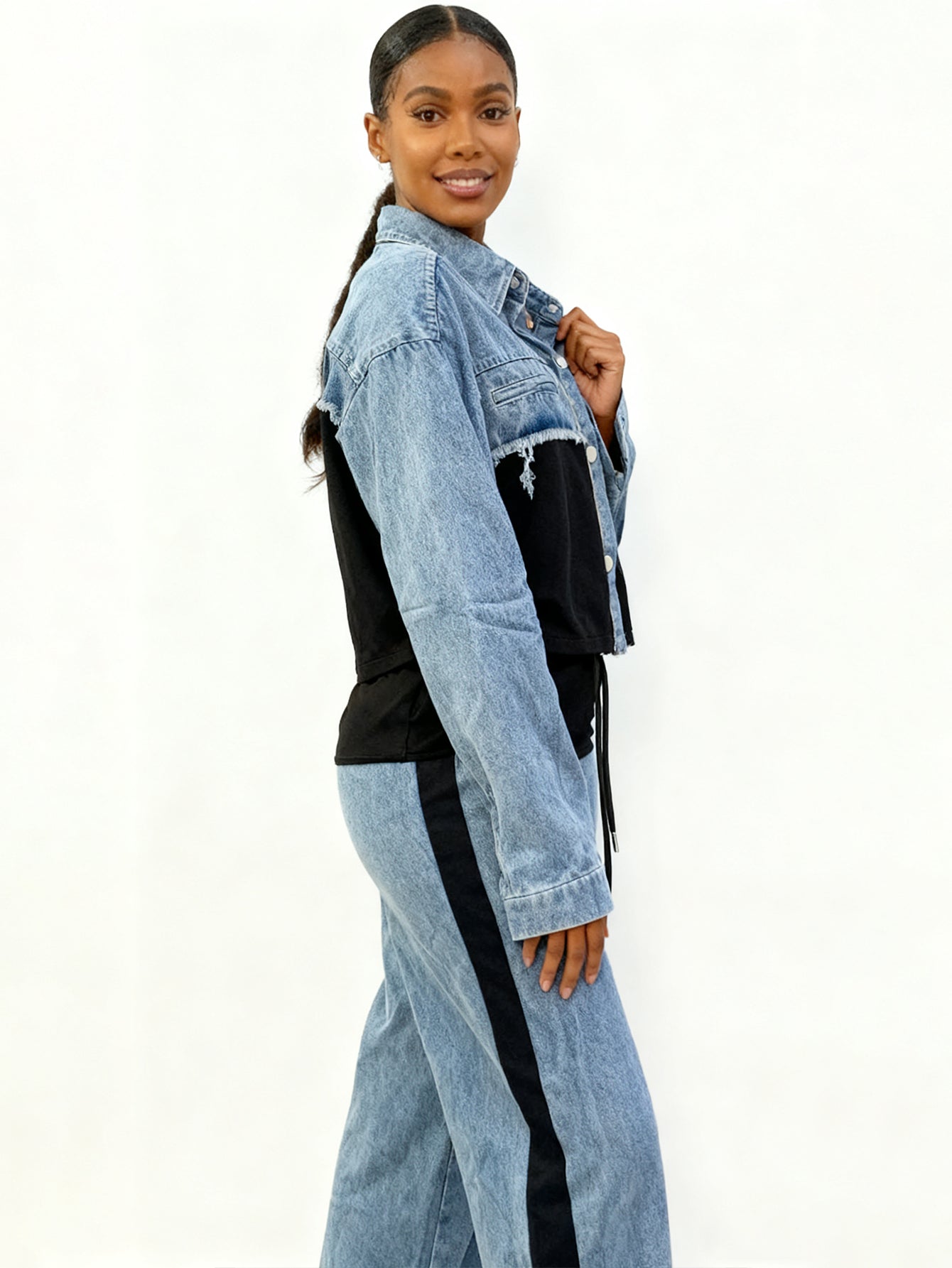 Stylish Colorblock Denim Top & Pants Set