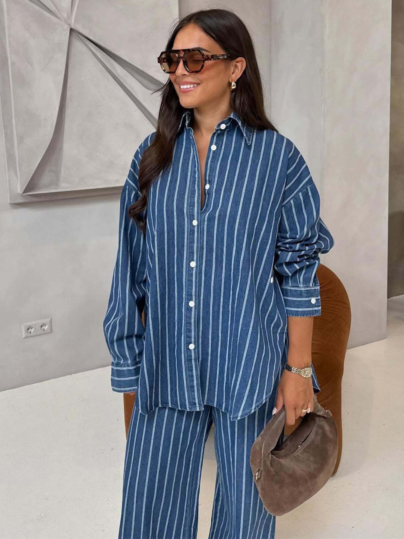 Stylish Striped Single Breasted Top & Pants Set