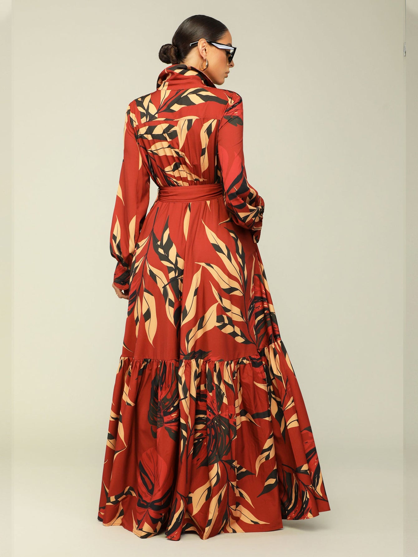 Chic Leaf Print Belted Ruffle Hem Shirt Dress