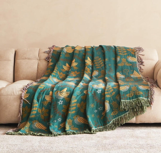 Bohemian style blue-green bird print blanket