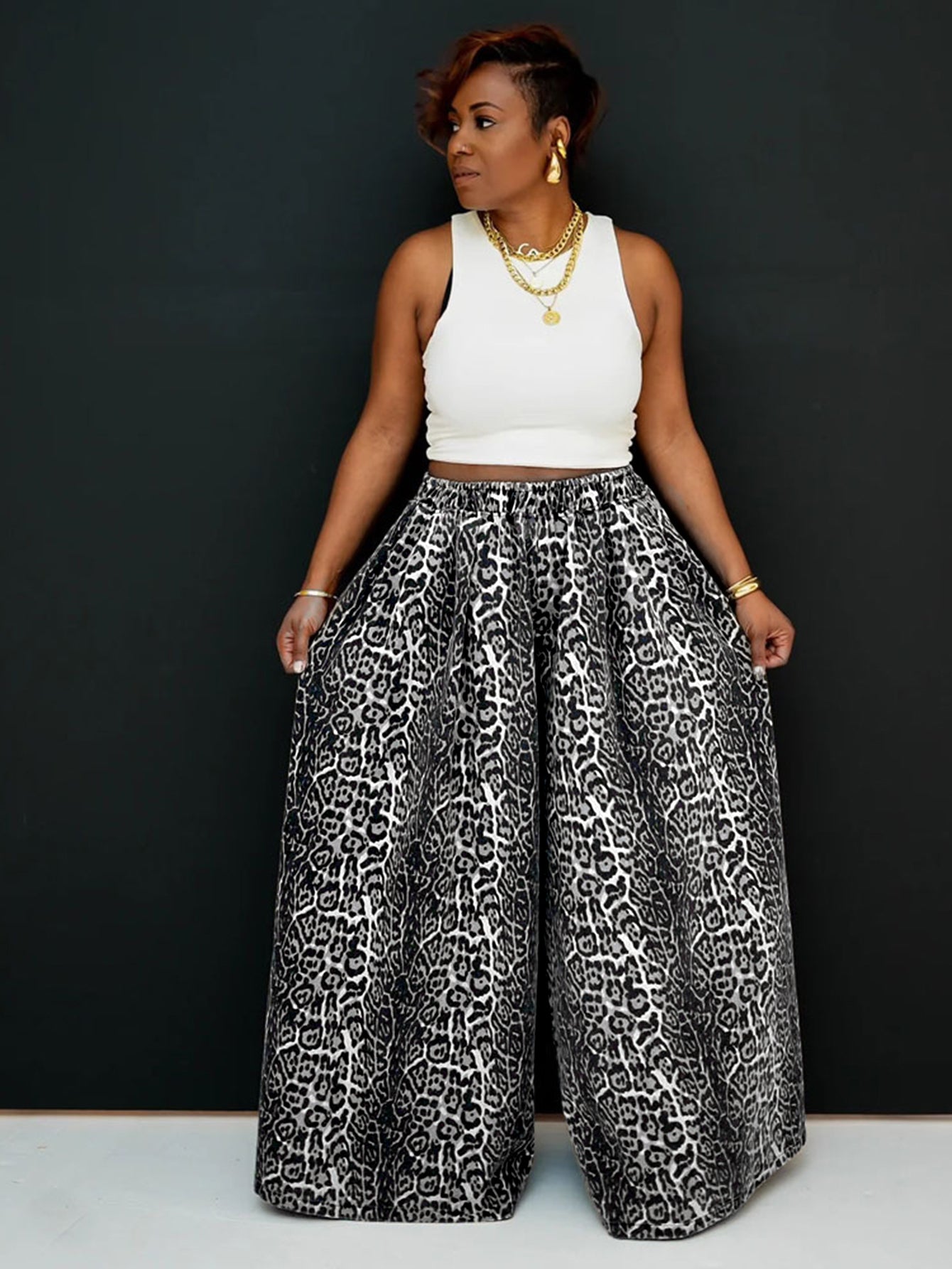 Leopard-Print Drawstring Wide-Leg Casual Pants