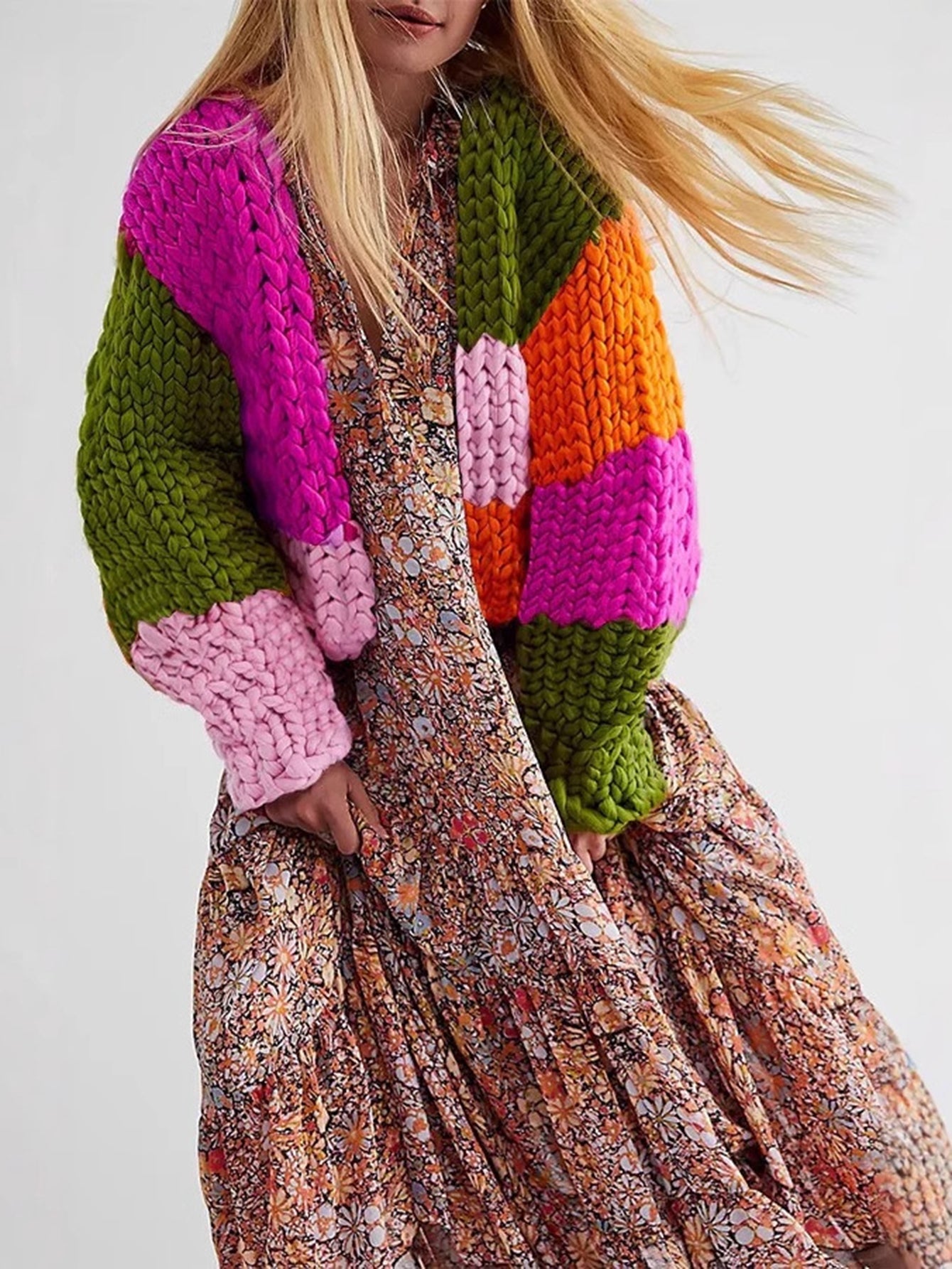 Stylish Cozy Color Block Knit Cardigan