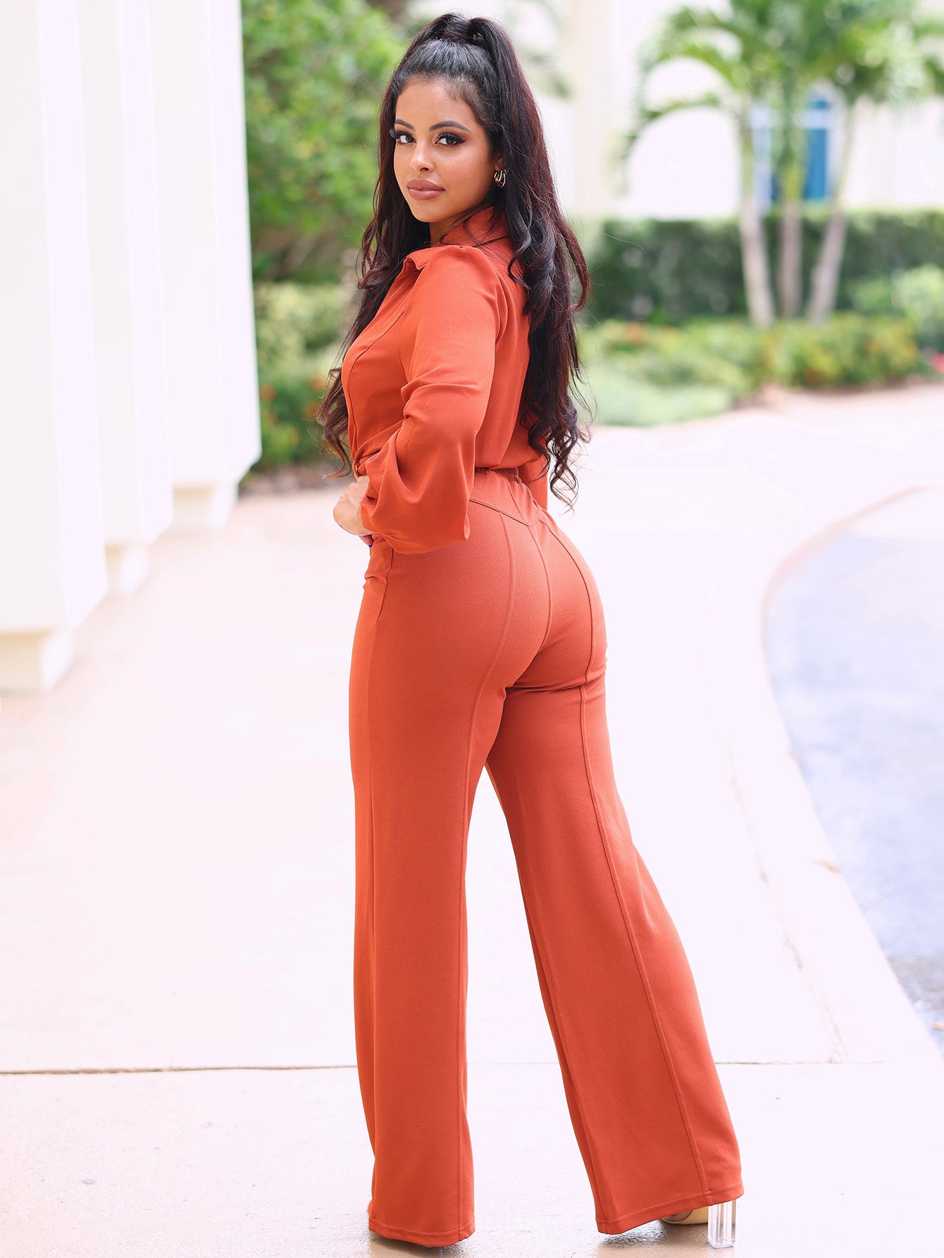 Elegant Long Sleeve High Waisted Straight Jumpsuit