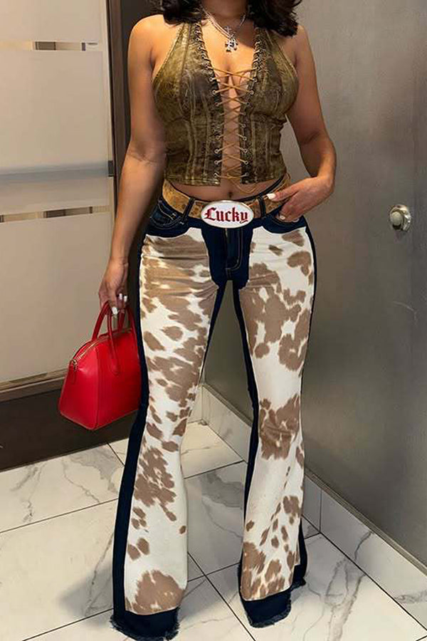 Fashionable Cow Print Patchwork High Waisted Flared Jeans