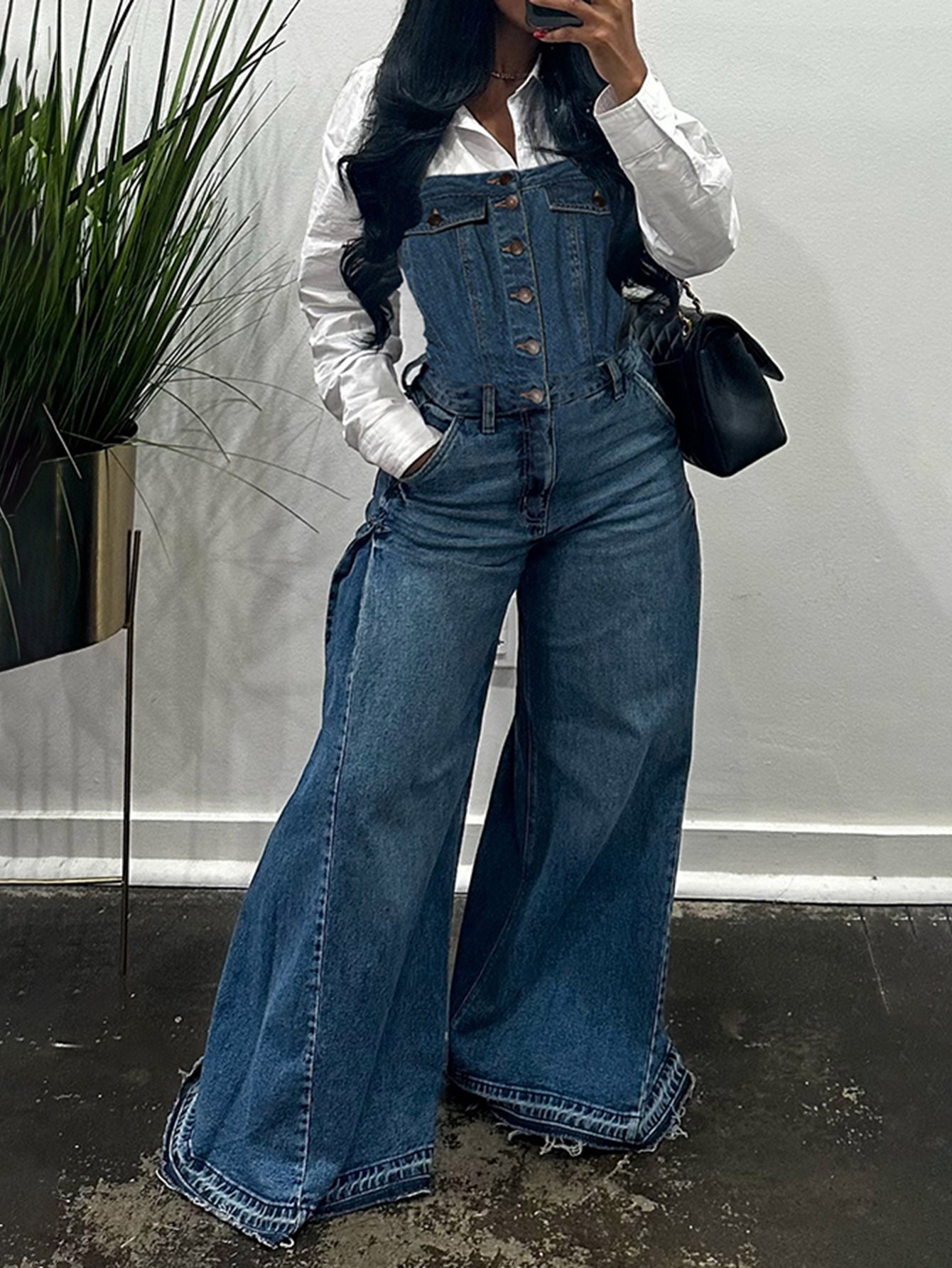 Casual Single Breasted Wide Leg Denim Jumpsuit