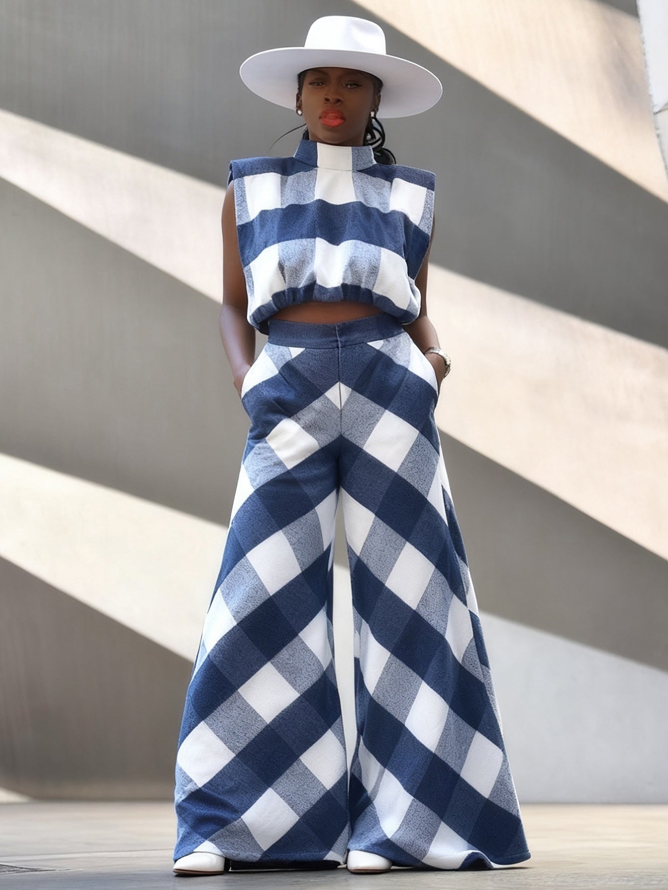 Stylish Plaid Sleeveless Vest & Wide Leg Pants Set