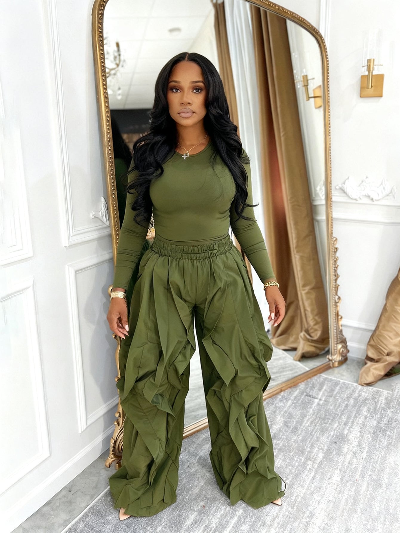 Stylish Solid Top & Multi Layered Ruffle Wide Leg Pants Set