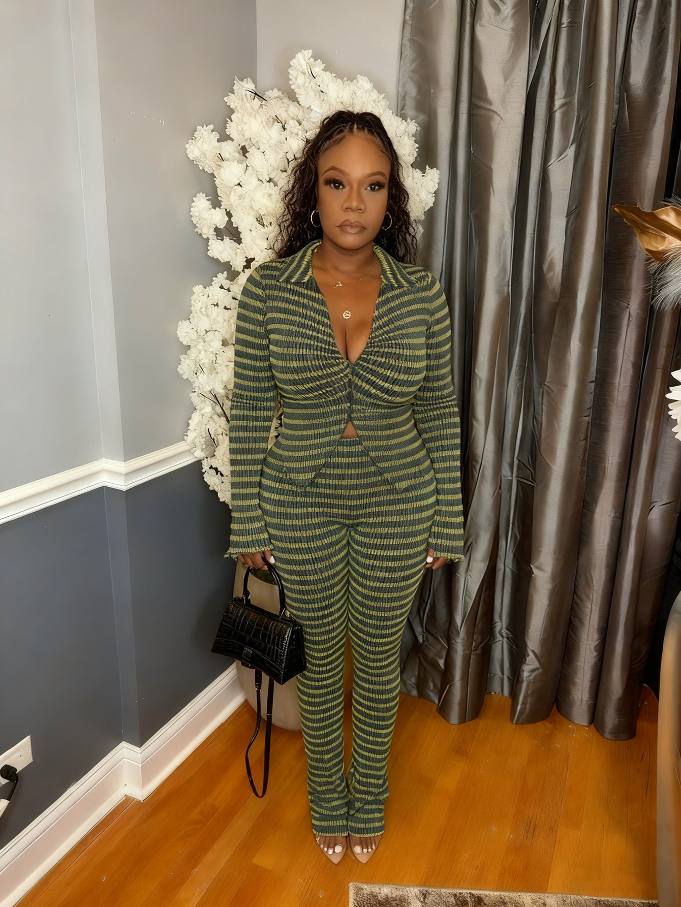 Stylish Striped Knit Shirt & Trousers Set