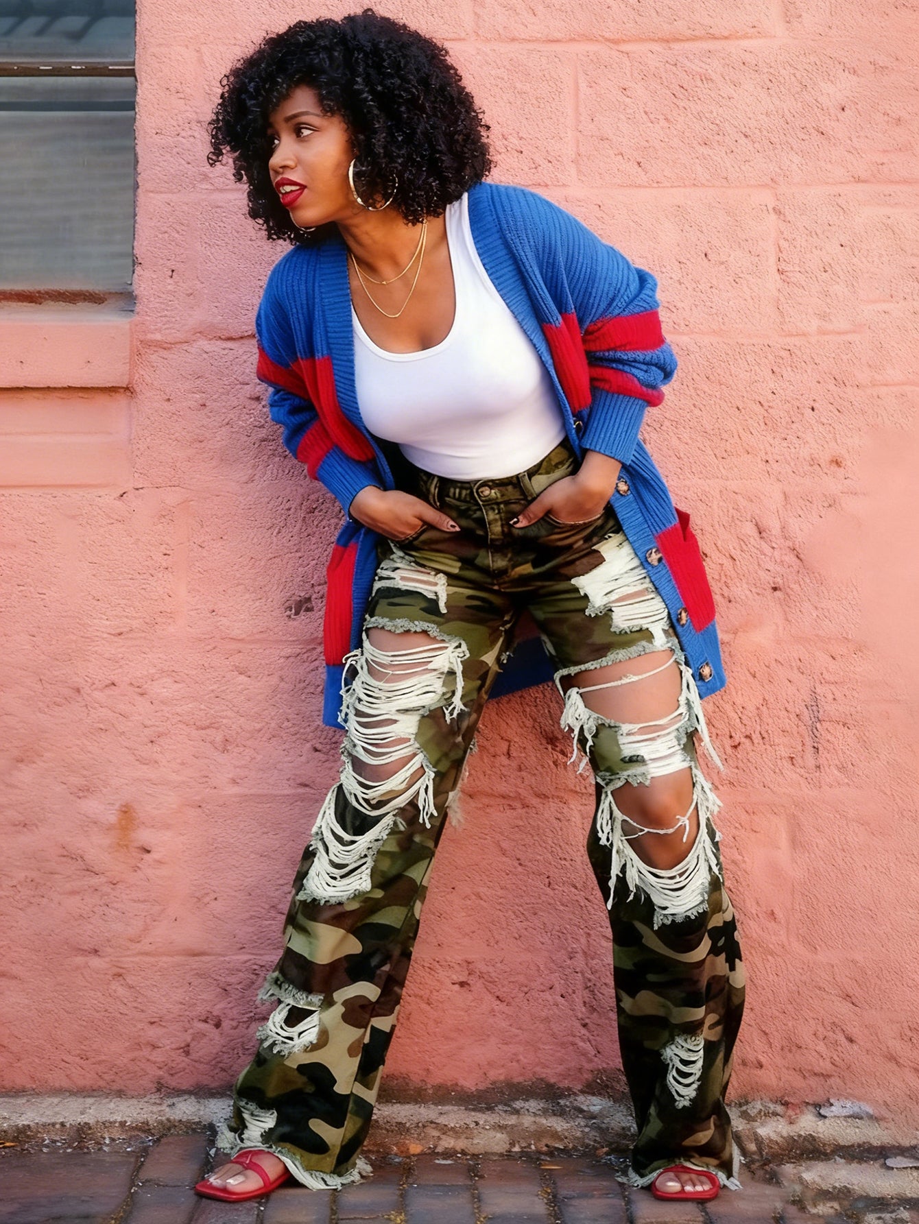 Stylish Ripped Camouflage Straight Leg Jeans