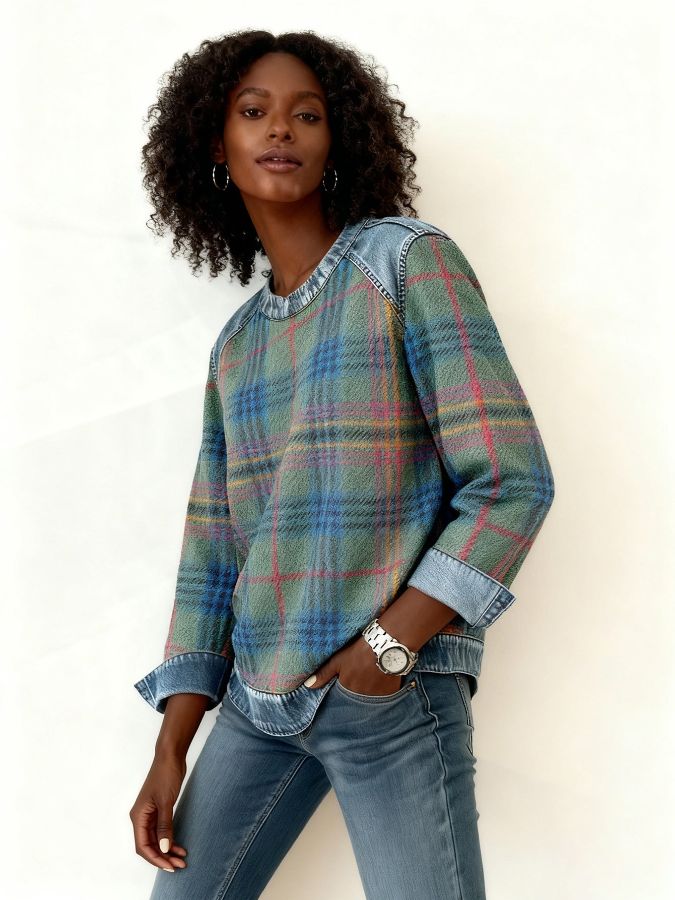 Stylish Plaid Denim Patchwork Sweatshirt