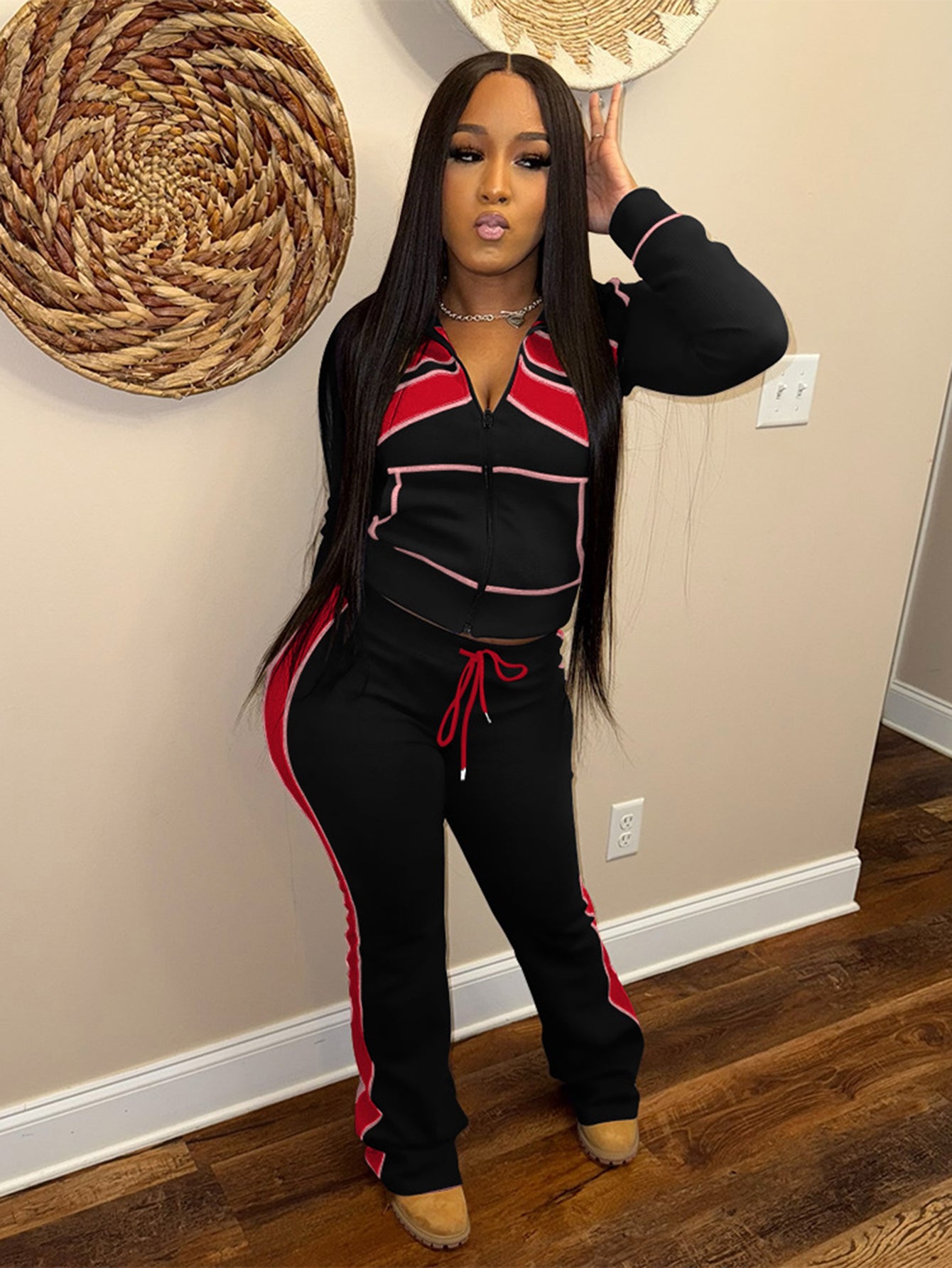 Stylish Colorblock Zip Up Jacket & Drawstring Pants Set