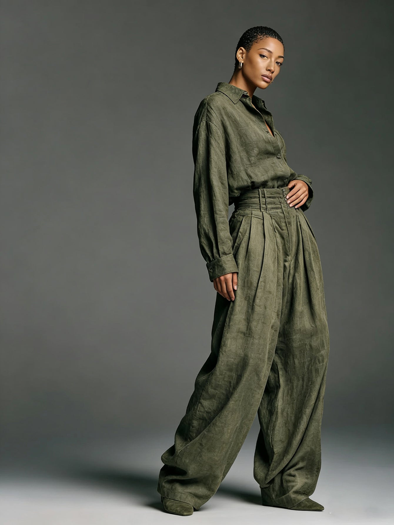 Casual Solid Shirt & Wide Leg Pants Set