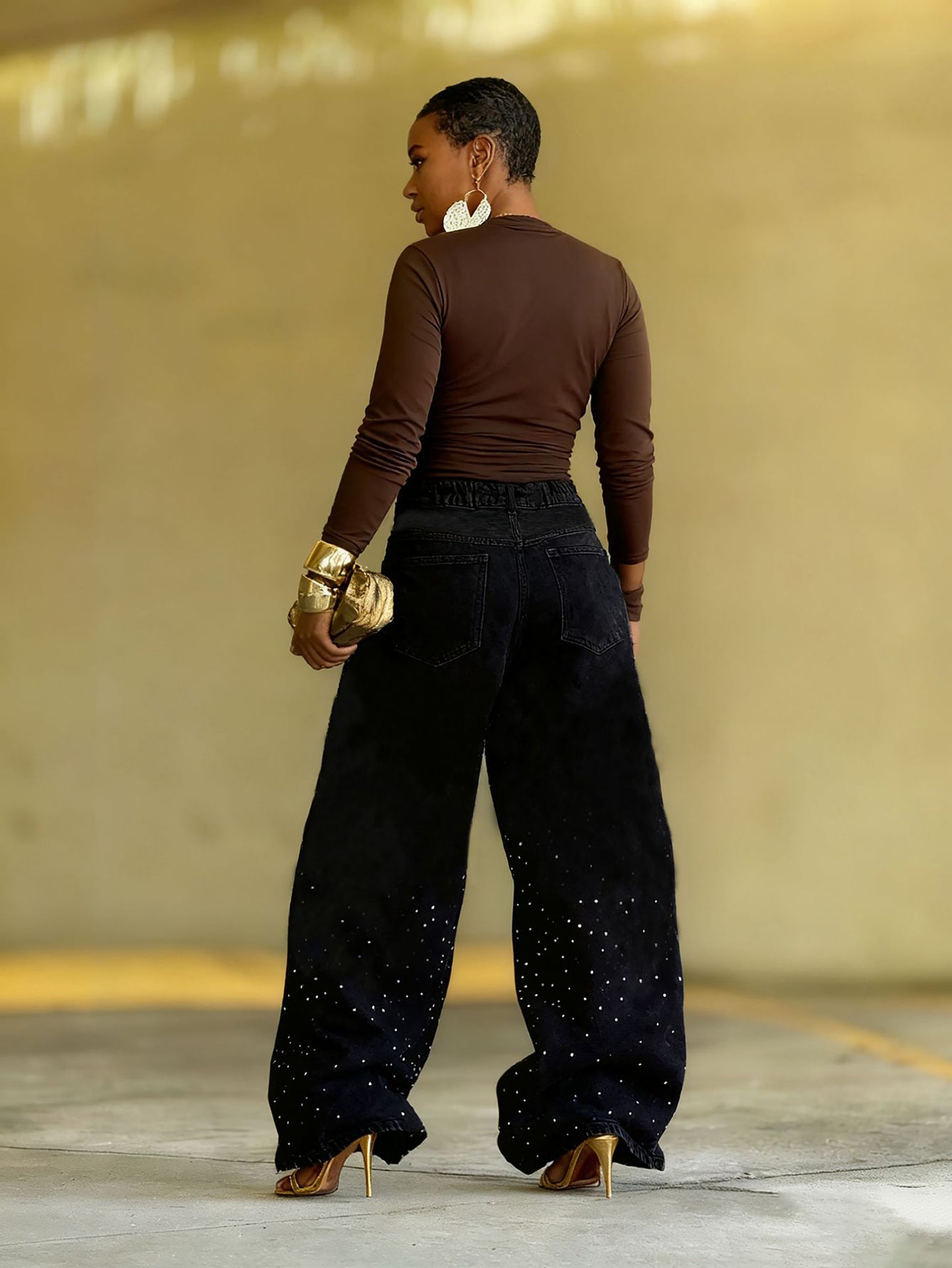 Stylish Washed Starry Rhinestone Jeans