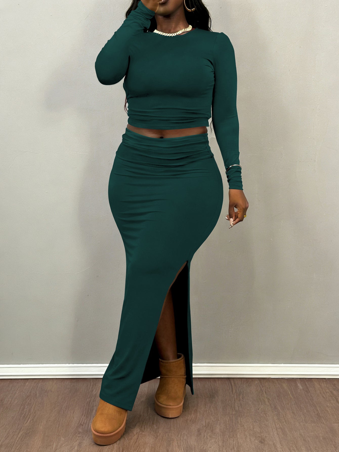 Stylish Solid T-shirt & Side-slit Skirt Set