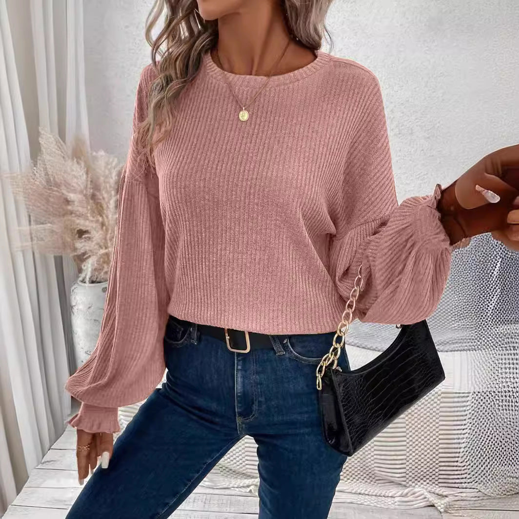 Ladies' Fashionable Casual Solid Color Round Neck Long Sleeved Pullover Knitted Sweater