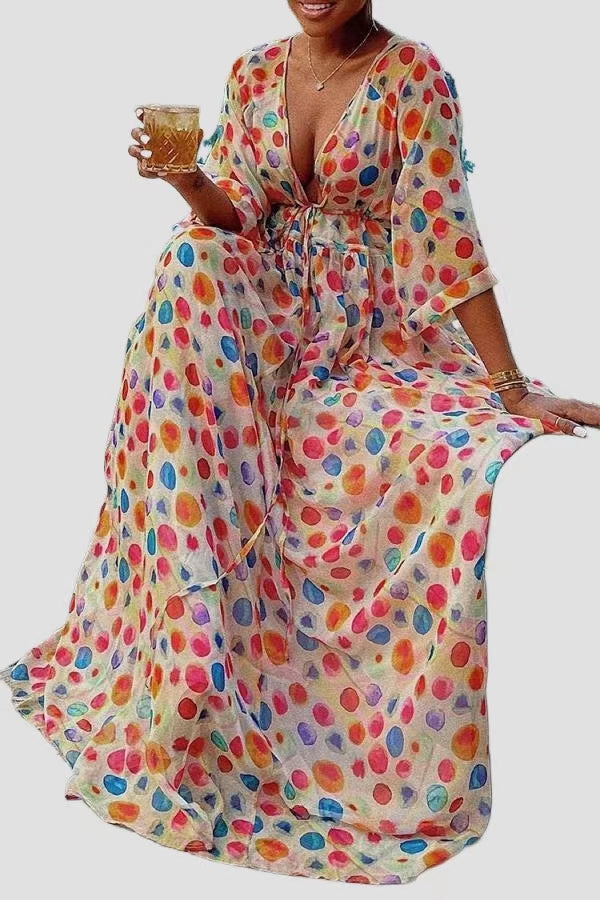 Colorful Polka Dot Deep V Neck Holiday Dress
