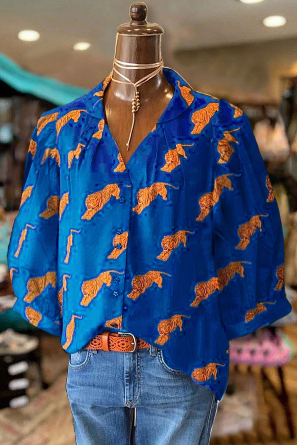 Tiger Print Pleated V-neck Blouse