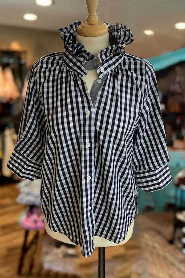 Unique Check Ruffle Button Down Blouse