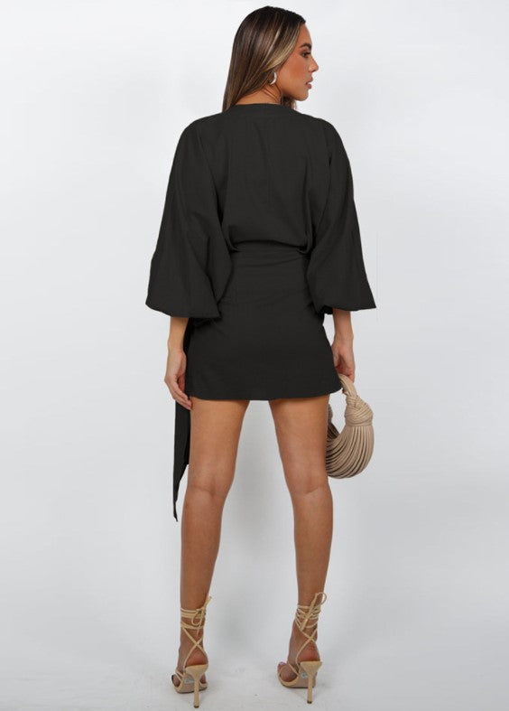 Casual Women's Dress Solid Color Patchwork Pleated Shoulder Strap Design V-Neck Dress Women