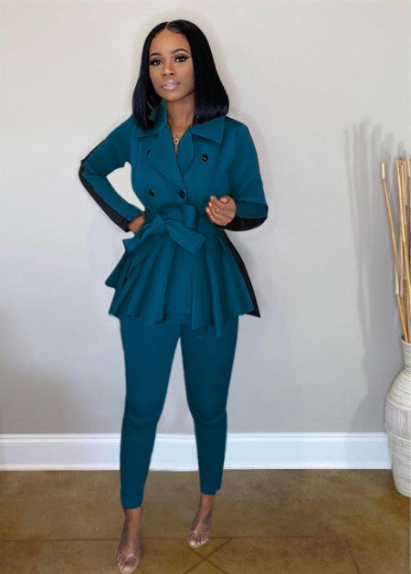 Autumn And Winter Color Splicing Two Suits Women Lapel Irregular Coat Pants Suit