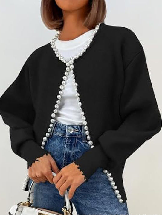 Short long Sleeve Cardigan With Pearl Trim
