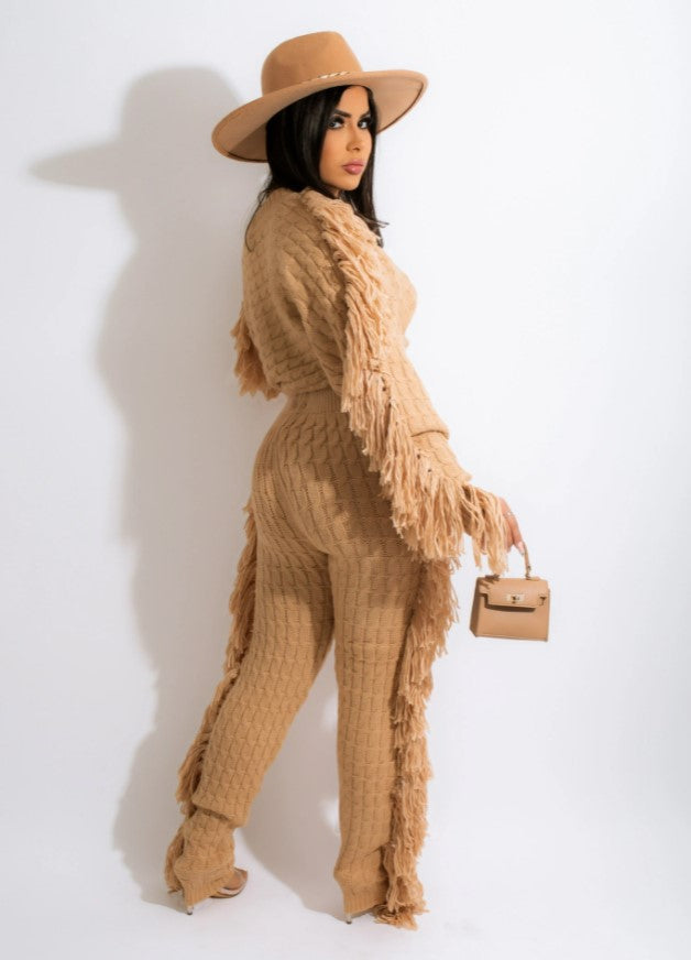 European And American Women's Casual Solid Color Knitted Long Sleeve Fringe Suit