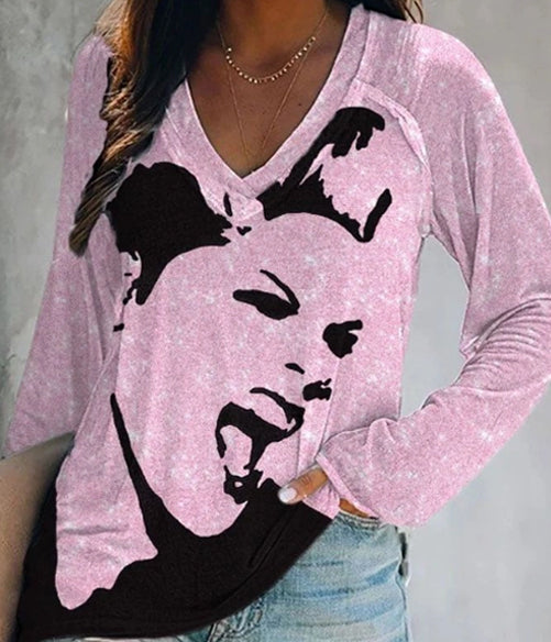 Ladies' Fashionable Printed V-Neck Long Sleeved Shirt