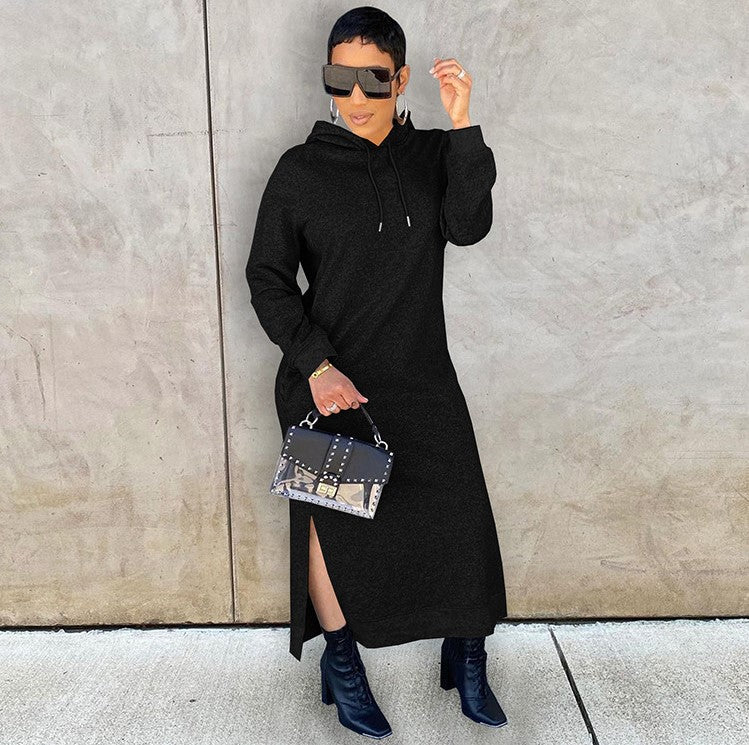 European And American Women's Fashion Casual Pure Color Hoodie Solid Color Dress