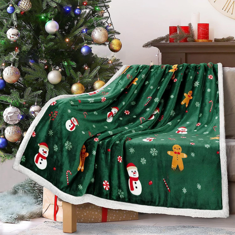 Christmas Reindeer Snowman Gingerbread Man Snowflake Print Double-Layer Thick Bedroom Sofa Cover Blanket, 100 * 150cm