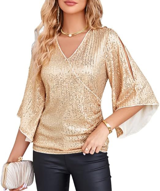 Sequined 3/4 Bell Sleeve Top