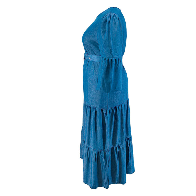Plus-Size Women's Denim Dress Pleated Skirt Contains Belt Micro-Reflective Color Change