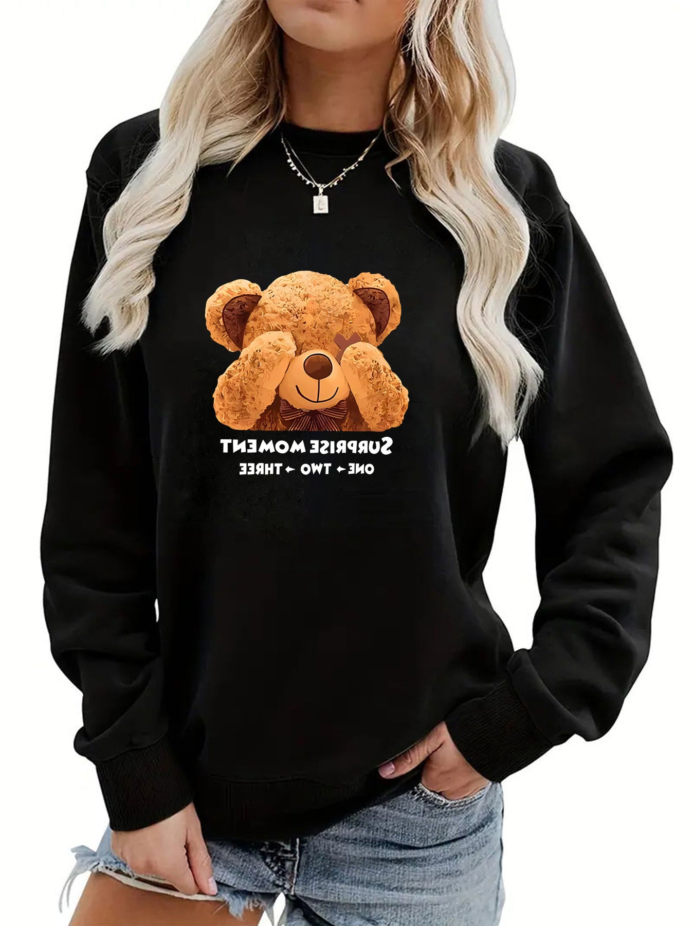 Back Collar With Fleece Hoodie Crewneck Guess Bear Print