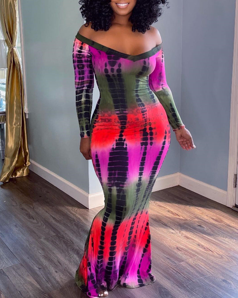 Tie Dye Long Sleeved One Shoulder Tight Skirt