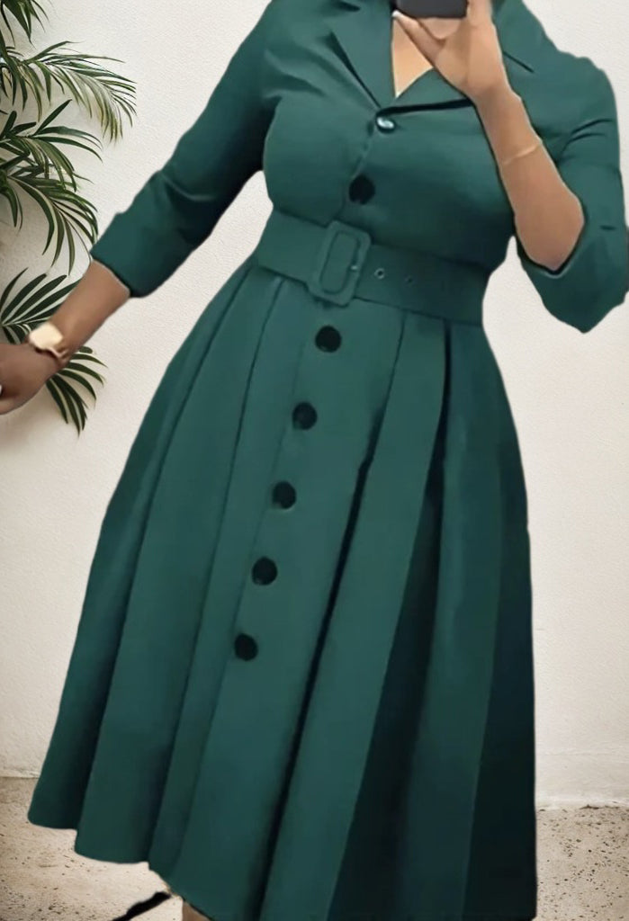 Solid Color Small V-Neck Simple Lapel A-Line Dress