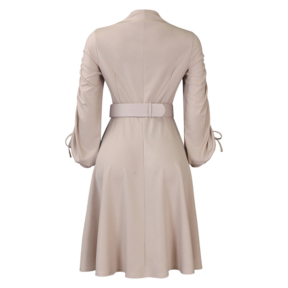 Fashionable V-Neck Drawstring Pleated Elegant Dress