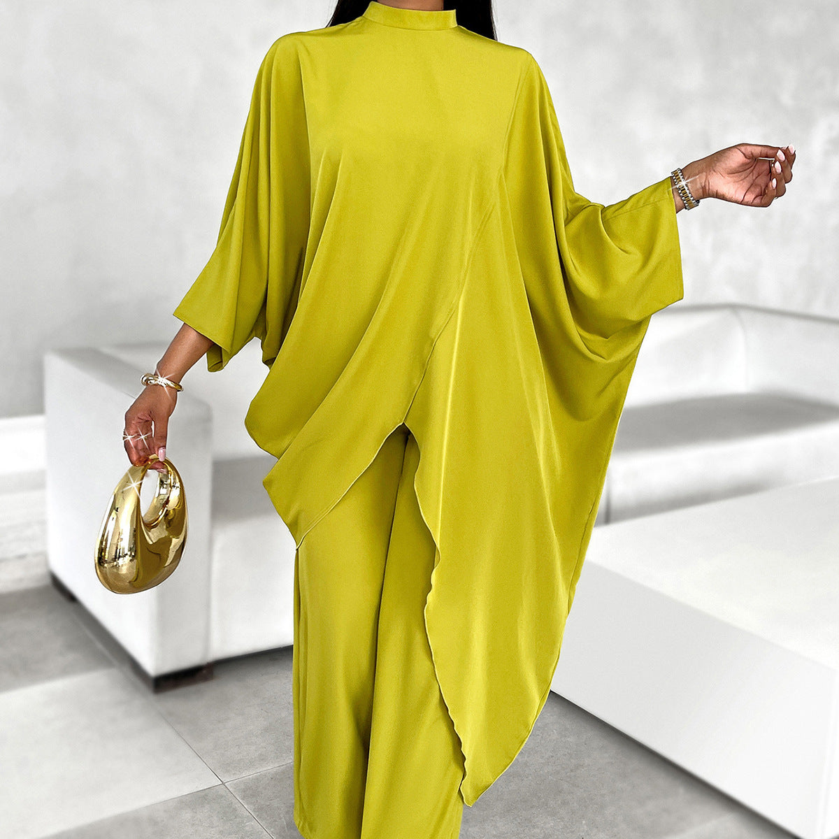 Solid Color Stand Collar Long Sleeve Shirt Set