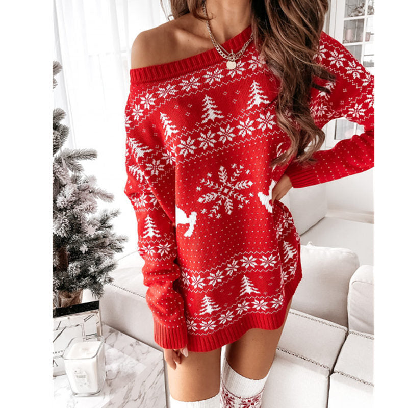 Christmas Jacquard Loose Knitted Long Sleeve Dress