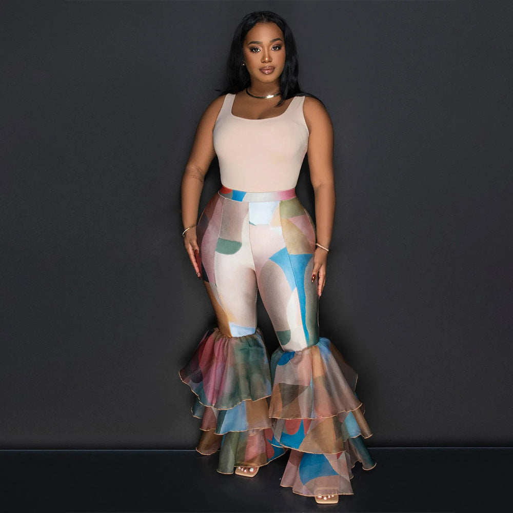 Tie Dye Printed Flared Pants With Ruffled Edges