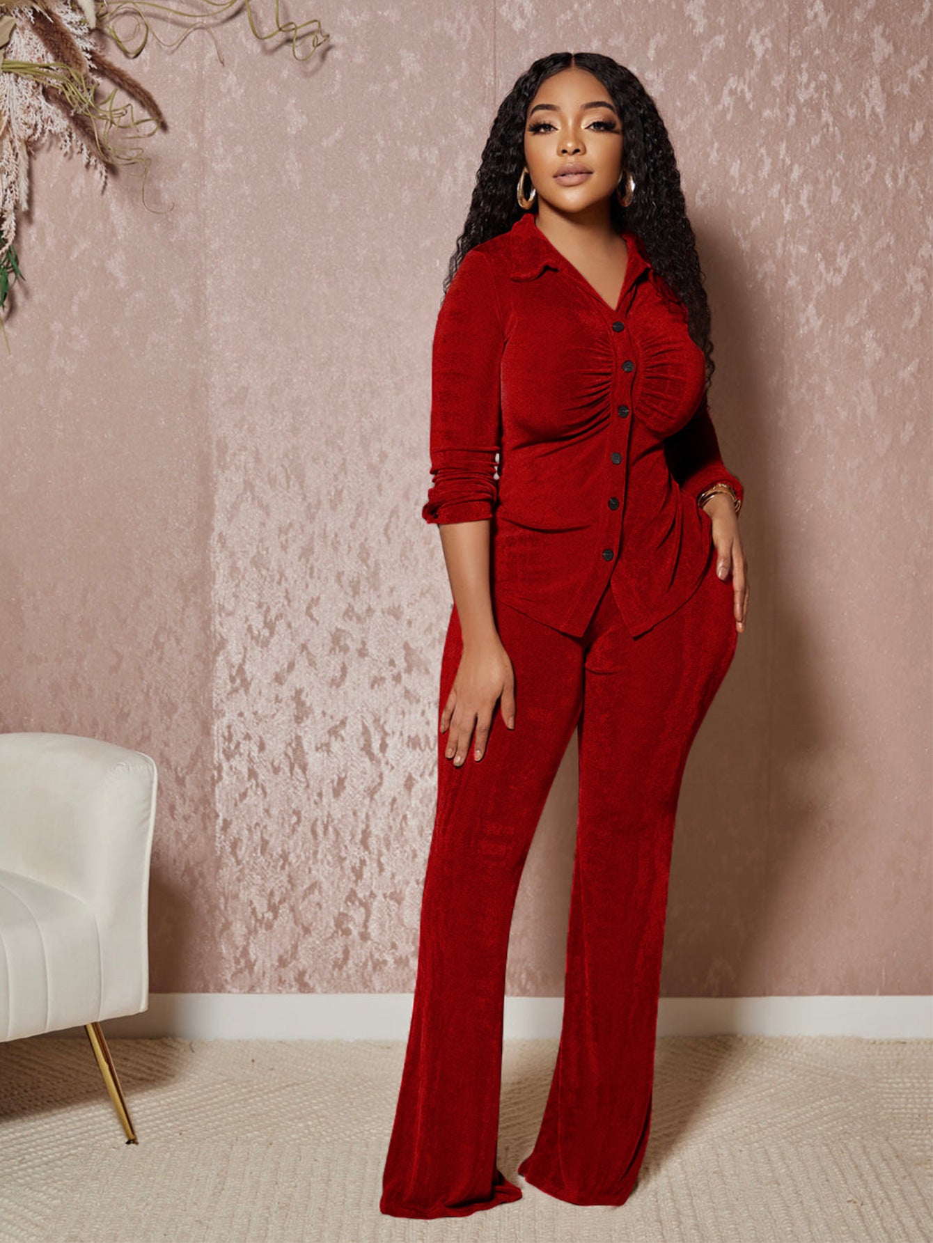 Fashion Collar Long Sleeved Button Up Shirt Slim Fit Micro Flared Pants Set