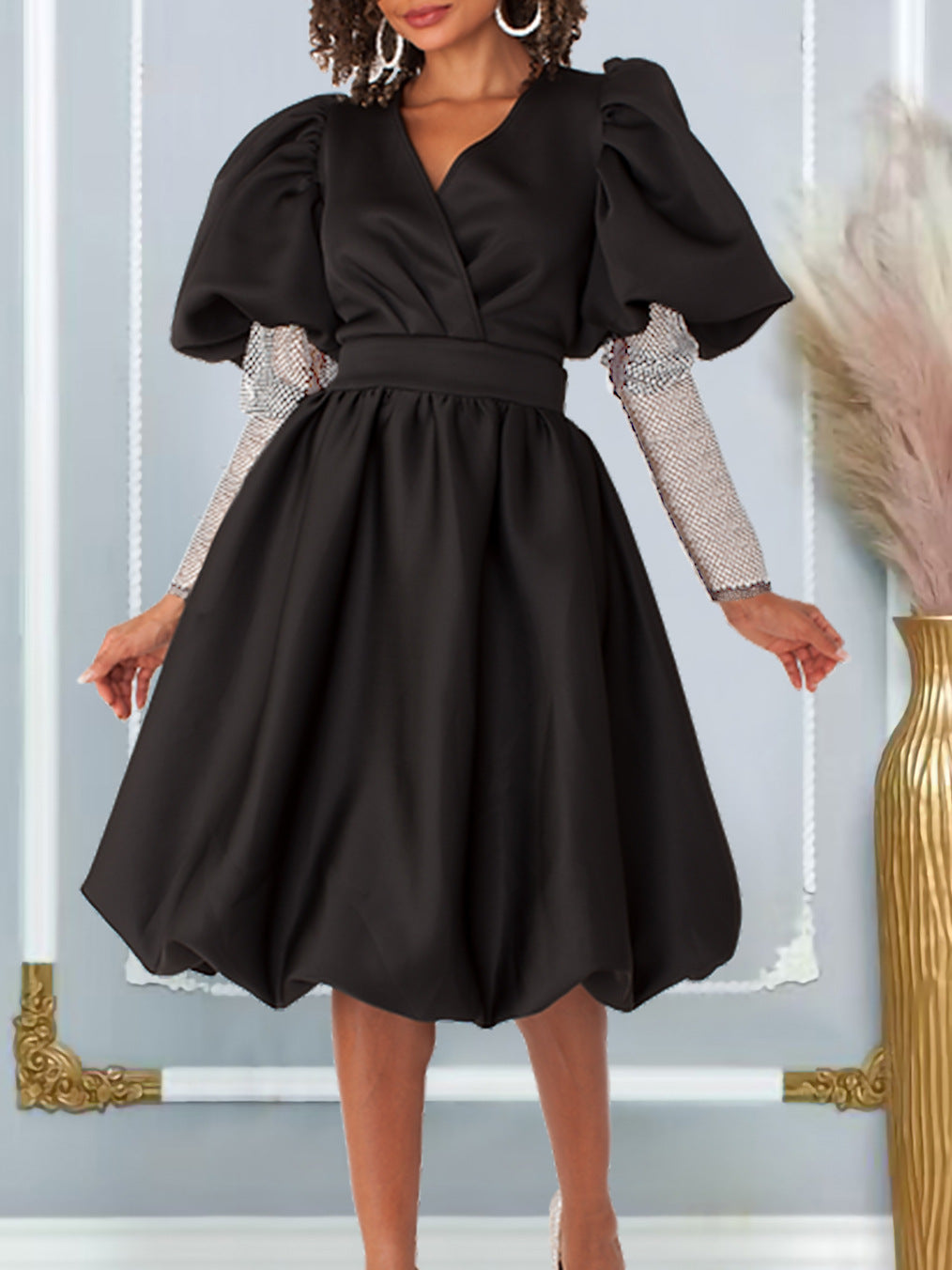 Fashionable And Elegant Puff Mesh Sleeve Dress