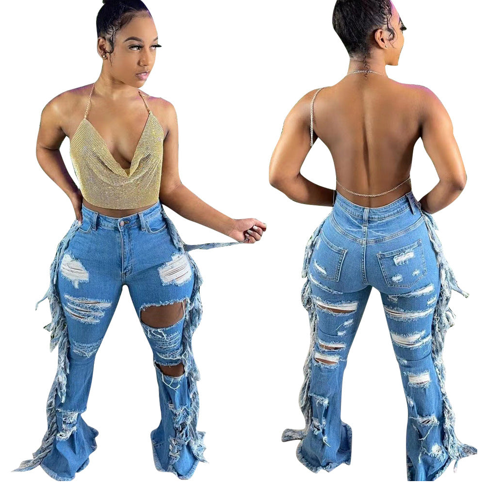 Fashion Casual Ripped Fringe Jeans