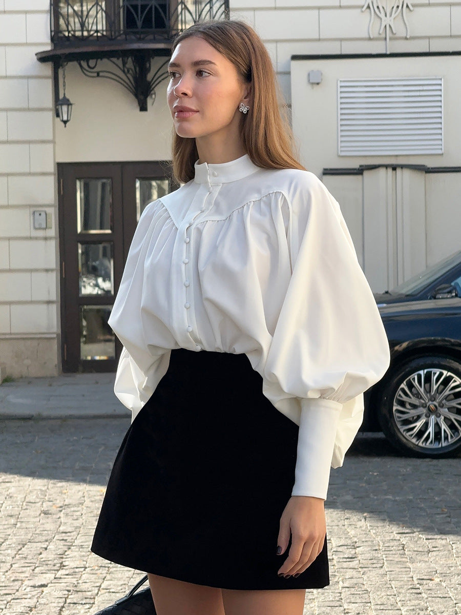 Classic Balloon Sleeve Pleated Blouse