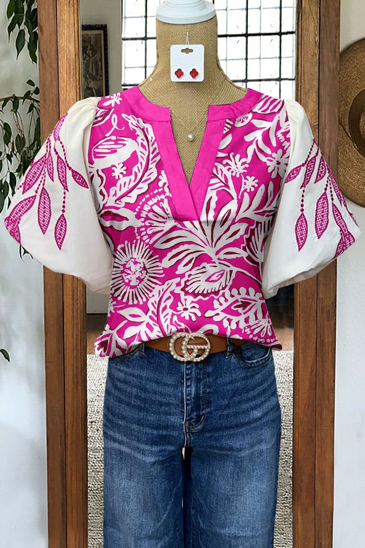 Classic Botanical Print Puff Sleeve Blouse