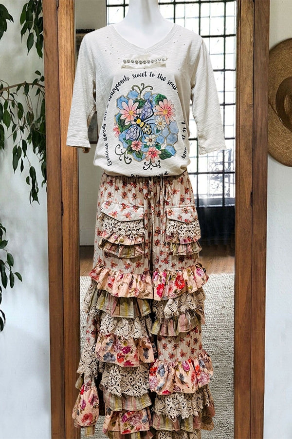 Mixed Floral Ruffles Layered Trousers